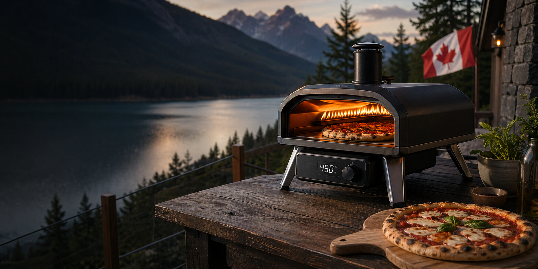 RudyPizza gas pizza oven cooking on a mountain patio